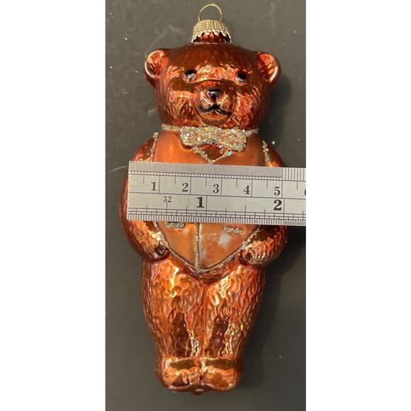 Vintage Lauscha Glas Creation Bear Christmas Ornament Blown Glass Orange Vest - Picture 8 of 8